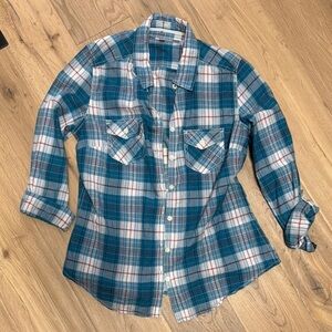 Blue and White Boxy Button Down Shirt with Notched Collar